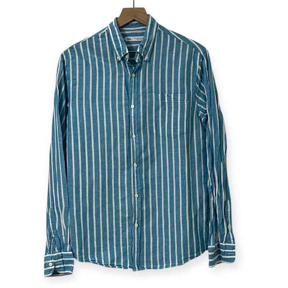 ZARA Men’s Blue White Vertical Stripe Button-Up Shirt Linen Blend Size M - Picture 1 of 8